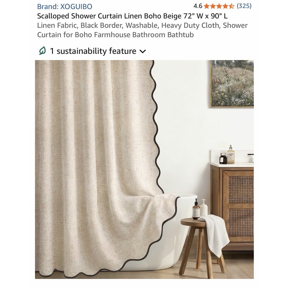 Extra Long Boho Shower Curtain - 90 Inch Long Scalloped Linen Textured Thick NIB